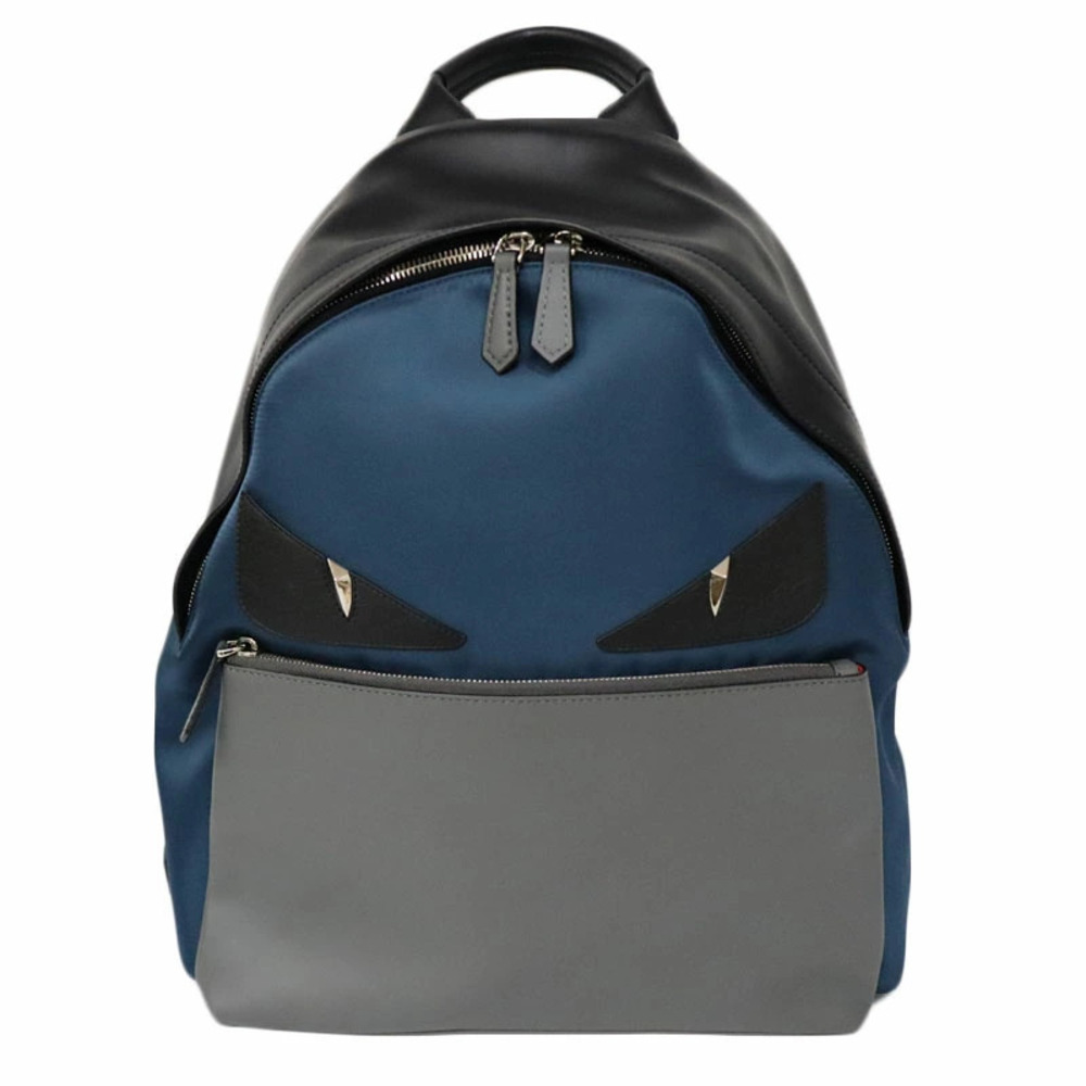 FENDI Bag Bugs Backpack Rucksack Daypack Navy Blue Gray Black Leather